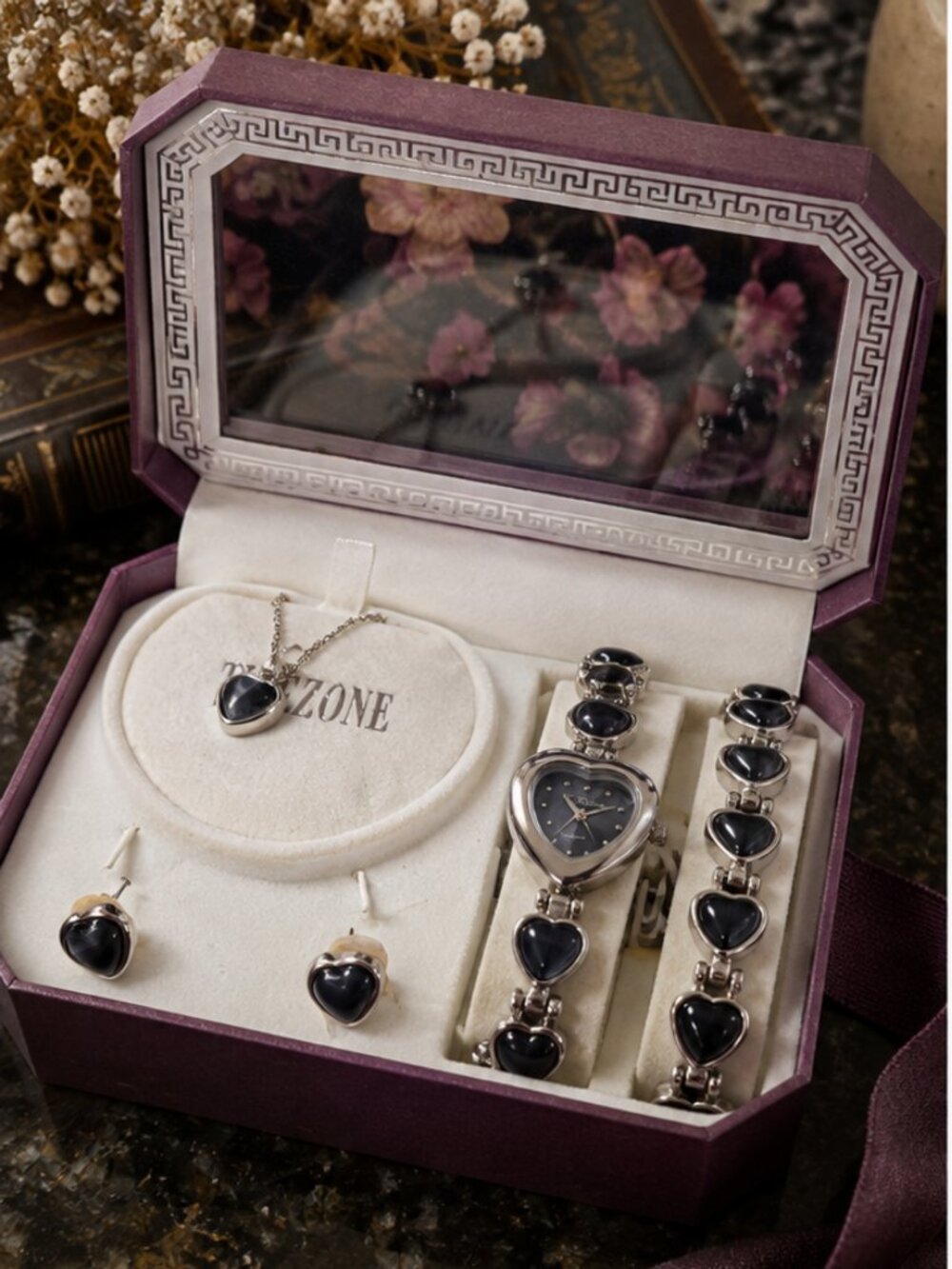 Vintage TIMEZONE Black Heart Watch & Jewelry Set in Original Box